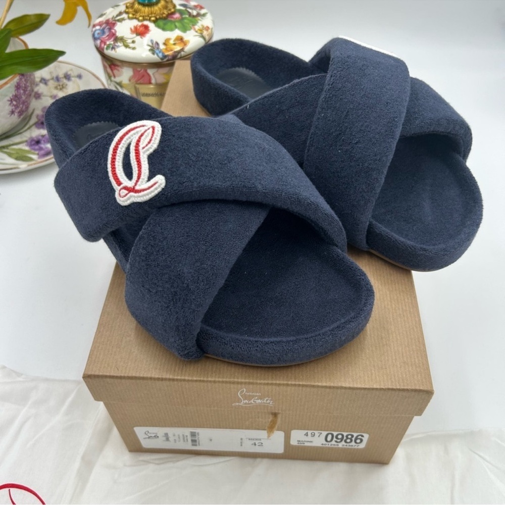 Men’s Christian Louboutin Bizzu Cross Strap Terry Cloth Slide Size 42 Made Italy